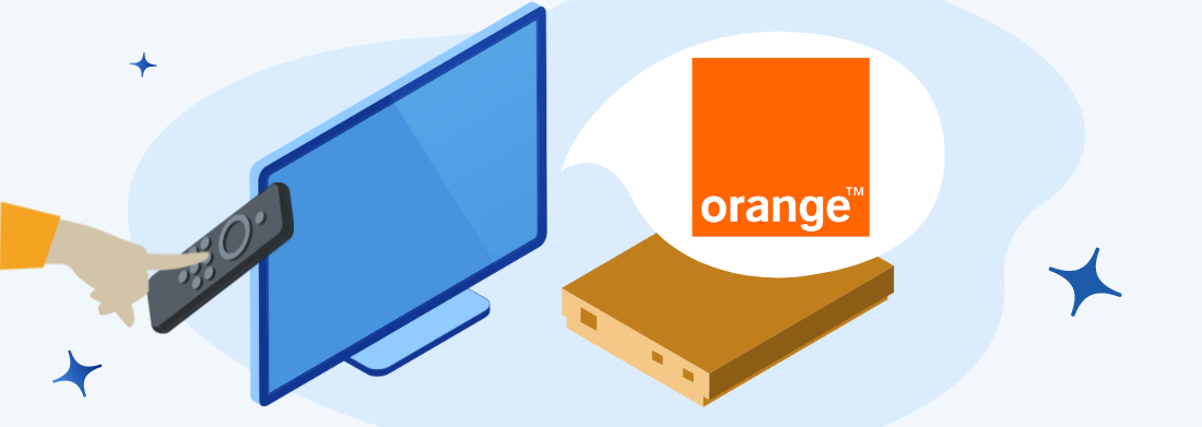 Main appuyant sur télécommande, TV, décodeur et logo Orange